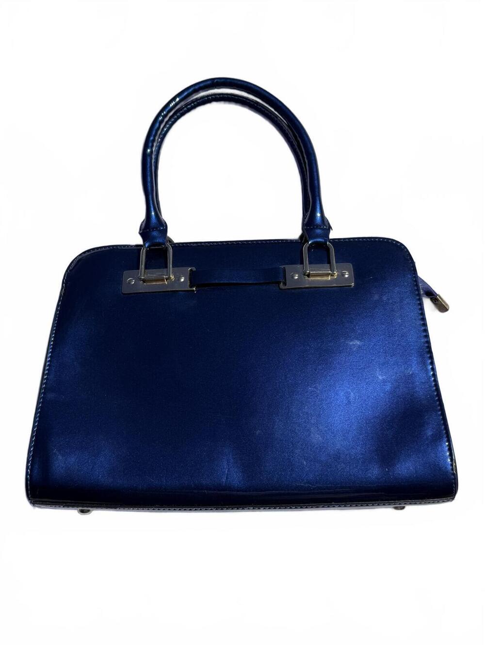 Vintage Blue Leather Satchel Handbag Designer Tote Shoulder Bag Structured Purse